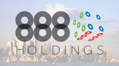 the logo for 888 Holdings Plc is seen as a transparent overlay on top of an image of the Toronto skyline. 888 has recently announced that they have secured a gaming license for Ontario and play to launch its online poker product in the provinc on April 4.
