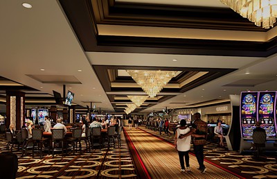 3D rendering of what the casino floor at the WSOP 2022 venue, the new Horseshoe Casino Las Vegas will look like, including slot machines on the right and people playing poker at the poker tables on the left.t