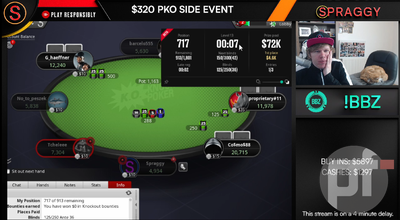 Screenshot of Spraggy playing a game at a PokerStars table. behind him is an orange cat sleeping on a chair. 