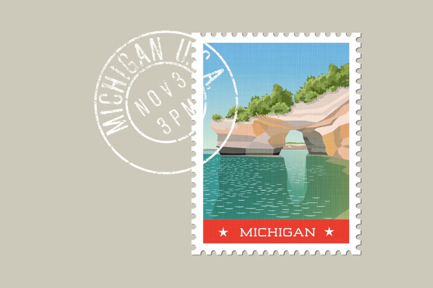 an illustration of a postage stamp with a scenic michigan scene on it. next to it is a postmark stamp. "Our priority is protecting the interests of the citizens of the state of Michigan" Mary Kay Bean opens up on the MGCB and helping Michiganders gamble s