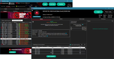Screenshots of PokerStars MI website and poker lobby. You can see information for its MICOOP 2021 online poker tournament series, with multiple poker game options listed in a table below with buy-in and prize pool info.